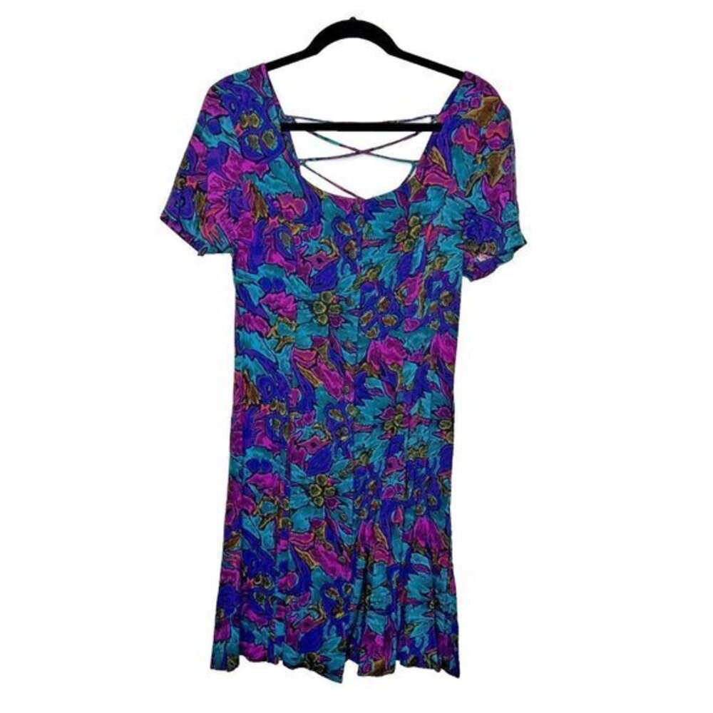 Vintage Joni‎ Blair Dress 80s 90s Abstract Short Sleeve Purple Teal Button Front